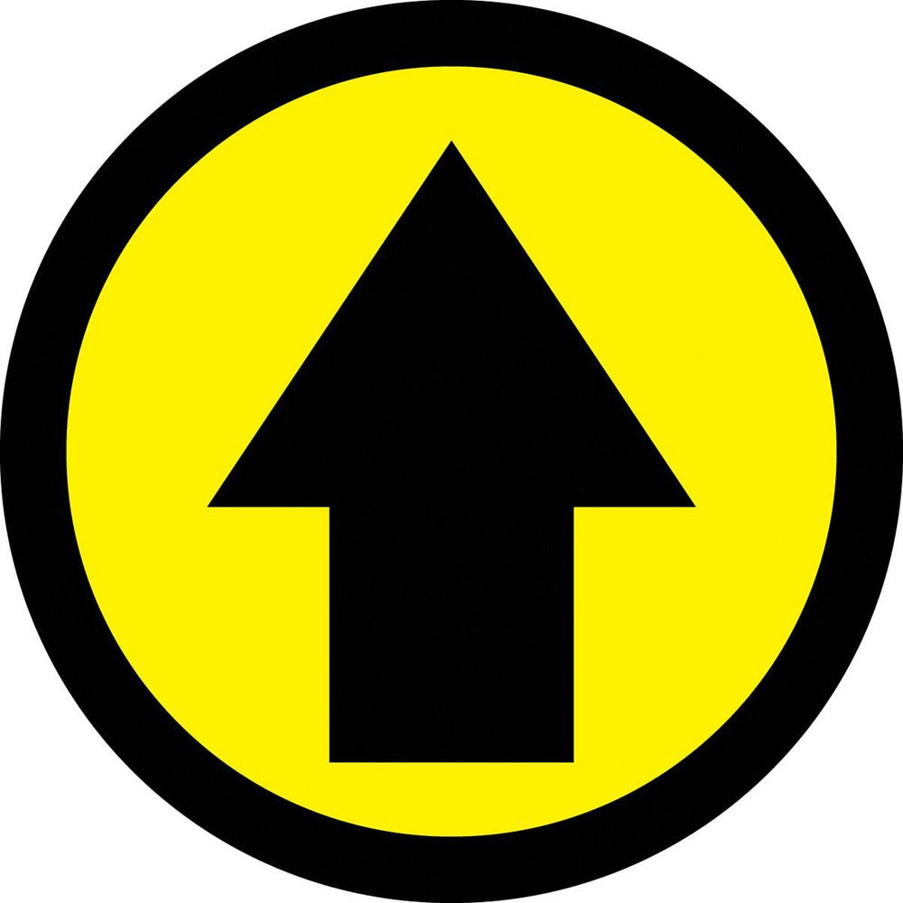 Adhesive Backed Floor Signs; Message Type: Traffic Control; Message/Graphic: Graphic Only; Message or Graphic: Graphic Only; Legend: Arrow Graphic; Material: Vinyl; Legend Color: Black; Color: Yellow, Black; Shape: Circle