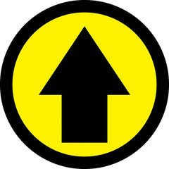 Adhesive Backed Floor Signs; Message Type: Traffic Control; Message/Graphic: Graphic Only; Message or Graphic: Graphic Only; Legend: Arrow Graphic; Material: Vinyl; Legend Color: Black; Color: Yellow, Black; Shape: Circle