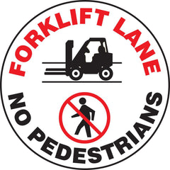 Adhesive Backed Floor Signs; Message Type: Traffic Control; Message/Graphic: Message & Graphic; Message or Graphic: Message & Graphic; Legend: FORKLIFT LANE NO PEDESTRIANS; Material: Vinyl; Legend Color: Red, Black; Color: Red, White, Black; Shape: Circle