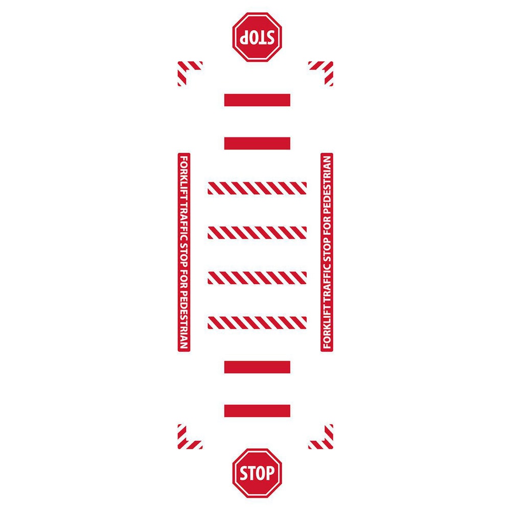 Adhesive Backed Floor Signs; Message Type: Traffic Control; Message/Graphic: Message & Graphic; Message or Graphic: Message & Graphic; Legend: FORKLIFT TRAFFIC STOP FOR PEDESTRIAN; Material: Vinyl; Legend Color: White; Color: Red, White; Shape: Rectangle