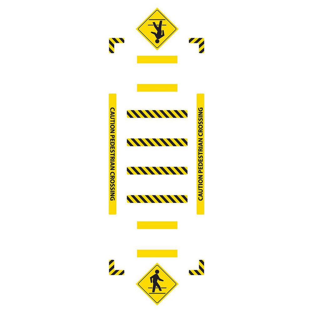 Adhesive Backed Floor Signs; Message Type: Traffic Control; Message/Graphic: Message & Graphic; Message or Graphic: Message & Graphic; Legend: CAUTION PEDESTRIAN CROSSING; Material: Vinyl; Legend Color: Black; Color: Yellow, Black; Shape: Rectangle