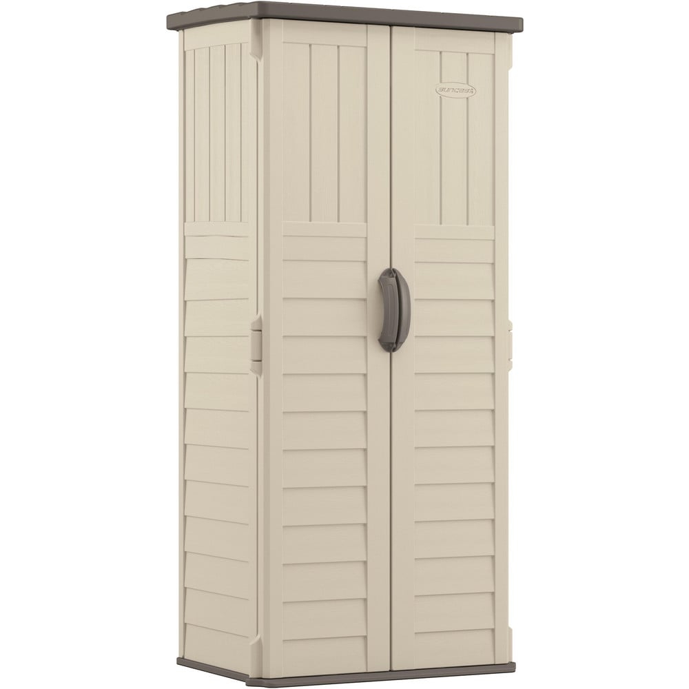 Sheds; Shed Type: Vertical Storage Shed; Overall Width: 32 in; Overall Depth: 25.5 in; Overall Height: 6 ft; Overall Capacity: 22 ft³; Material: Resin; Color: Vanilla