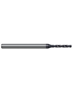 0.9 mm Dia. × 3 mm Shank Dia. × 50 mm OAL × 6 mm LCF, 140 Degrees, 5xD, 2 Flute, Helical Flute, TiAlN Nano Solid Carbide Drills