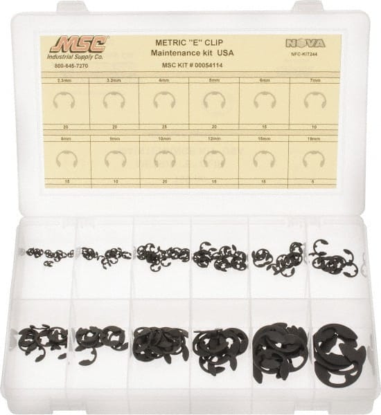 Made in USA - 190 Piece, M2.3 to M19, Steel, E Style External Retaining Ring Assortment - Includes Compartmented Case, Specification Labels - Exact Tooling