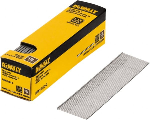 DeWALT - 18 Gauge 1-1/4" Long Finishing Nails for Power Nailers - Steel, Bright Finish, Smooth Shank, Straight Stick Collation, Brad Head, Chisel Point - Exact Tooling