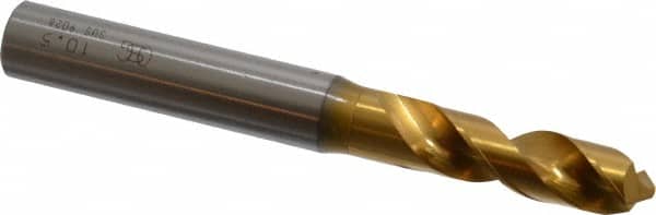 OSG - 10.50036mm 120° Spiral Flute Vanadium High Speed Steel Screw Machine Drill Bit - TiN Finish, Right Hand Cut, 43mm Flute Length, 100mm OAL, Faceted Point, Straight Shank - Exact Tooling
