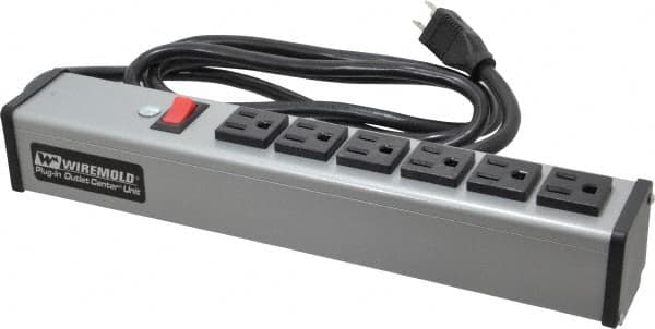 Wiremold - 6 Outlets, 120 Volts, 15 Amps, 6' Cord, Power Outlet Strip - Free Hanging Mount, 5-15 NEMA Configuration, 12-1/4" Strip, cULus Listed - Exact Tooling