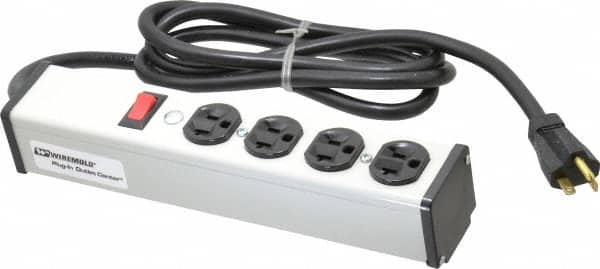 Wiremold - 4 Outlets, 120 Volts, 20 Amps, 6' Cord, Power Outlet Strip - Free Hanging Mount, 5-20 NEMA Configuration, 10-3/4" Strip, cULus Listed - Exact Tooling