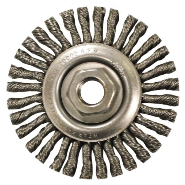 Anderson - 4" OD, M10x1.50 Arbor Hole, Knotted Stainless Steel Wheel Brush - 1/4" Face Width, 7/8" Trim Length, 0.02" Filament Diam, 20,000 RPM - Exact Tooling
