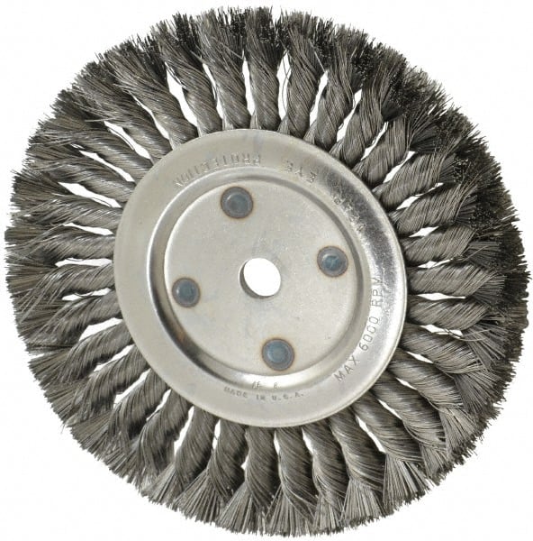 Anderson - 8" OD, 5/8" Arbor Hole, Knotted Steel Wheel Brush - 5/8" Face Width, 1-3/4" Trim Length, 0.014" Filament Diam, 6,000 RPM - Exact Tooling