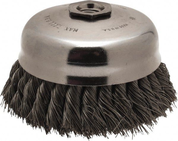 Anderson - 5" Diam, 5/8-11 Threaded Arbor, Steel Fill Cup Brush - 0.014 Wire Diam, 1-1/4" Trim Length, 7,000 Max RPM - Exact Tooling