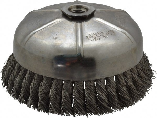 Anderson - 6" Diam, 5/8-11 Threaded Arbor, Steel Fill Cup Brush - 0.02 Wire Diam, 1-3/8" Trim Length, 6,600 Max RPM - Exact Tooling