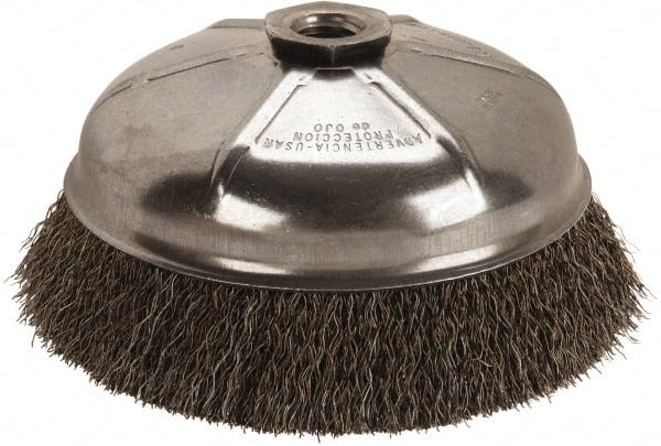Anderson - 6" Diam, 5/8-11 Threaded Arbor, Steel Fill Cup Brush - 0.014 Wire Diam, 1-3/8" Trim Length, 6,600 Max RPM - Exact Tooling