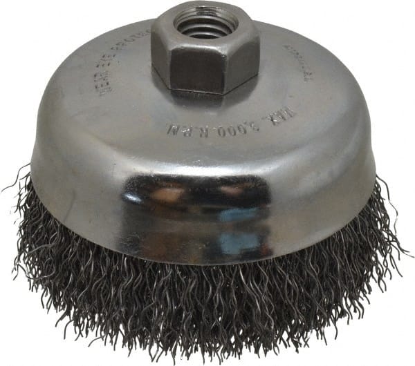 Anderson - 5" Diam, 5/8-11 Threaded Arbor, Steel Fill Cup Brush - 0.02 Wire Diam, 1-1/4" Trim Length, 9,000 Max RPM - Exact Tooling