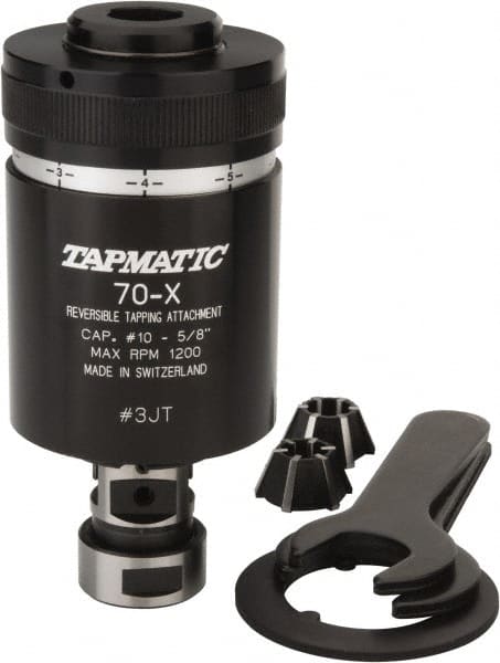 Tapmatic - Model 70X, No. 10 Min Tap Capacity, 5/8 Inch Max Mild Steel Tap Capacity, JT3 Mount Tapping Head - 24100 (J441), 24500 (J445) Compatible, Includes Tap Clamping Wrenches and 2 collets, for Manual Machines - Exact Tooling