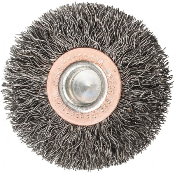 Weiler - 2" OD, 1/4" Shank Diam, Crimped Steel Wheel Brush - 3/8" Face Width, 1/2" Trim Length, 0.0118" Filament Diam, 20,000 RPM - Exact Tooling