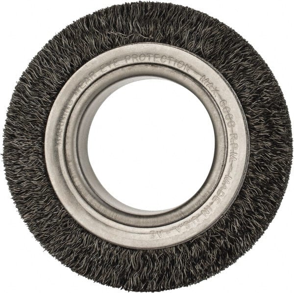 Anderson - 4-1/4" OD, 2" Arbor Hole, Crimped Steel Wheel Brush - 1-1/2" Face Width, 5/8" Trim Length, 0.0118" Filament Diam, 6,000 RPM - Exact Tooling