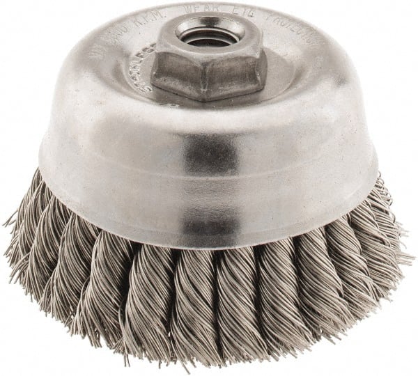 Anderson - 4" Diam, 5/8-11 Threaded Arbor, Stainless Steel Fill Cup Brush - 0.02 Wire Diam, 1-1/4" Trim Length, 9,000 Max RPM - Exact Tooling