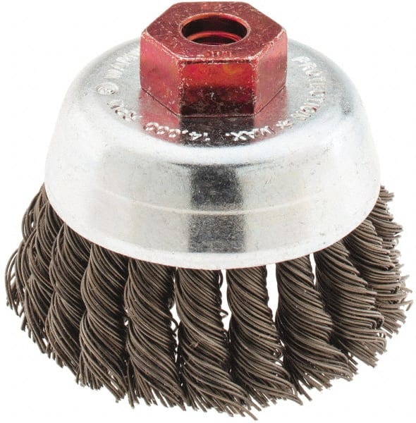 Anderson - 2-3/4" Diam, M10x1.50 Threaded Arbor, Steel Fill Cup Brush - 0.02 Wire Diam, 3/4" Trim Length, 14,000 Max RPM - Exact Tooling