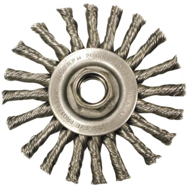 Anderson - 4" OD, M10x1.50 Arbor Hole, Knotted Steel Wheel Brush - 3/8" Face Width, 1" Trim Length, 0.02" Filament Diam, 20,000 RPM - Exact Tooling