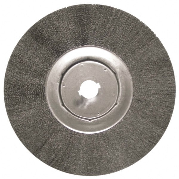 Anderson - 12" OD, 1-1/4" Arbor Hole, Crimped Steel Wheel Brush - 1/2" Face Width, 3" Trim Length, 0.006" Filament Diam, 3,000 RPM - Exact Tooling
