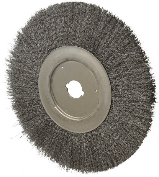 Anderson - 12" OD, 1-1/4" Arbor Hole, Crimped Steel Wheel Brush - 1/2" Face Width, 3" Trim Length, 0.0118" Filament Diam, 3,000 RPM - Exact Tooling
