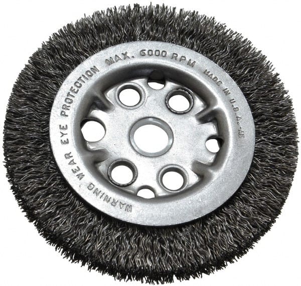 Anderson - 4-1/4" OD, 5/8" Arbor Hole, Crimped Steel Wheel Brush - 3/4" Face Width, 5/8" Trim Length, 0.014" Filament Diam, 6,000 RPM - Exact Tooling