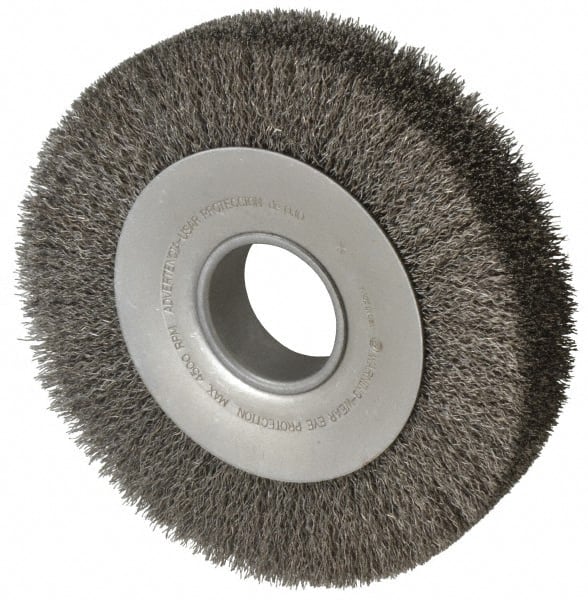 Anderson - 8" OD, 2" Arbor Hole, Crimped Steel Wheel Brush - 1-5/8" Face Width, 1-1/2" Trim Length, 0.014" Filament Diam, 4,500 RPM - Exact Tooling