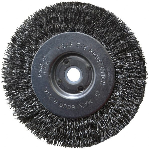 Anderson - 4" OD, 1/2" Arbor Hole, Crimped Steel Wheel Brush - 11/32" Face Width, 13/16" Trim Length, 0.014" Filament Diam, 6,000 RPM - Exact Tooling