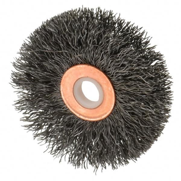 Anderson - 2-1/2" OD, 1/2" Arbor Hole, Crimped Steel Wheel Brush - 1/4" Face Width, 3/4" Trim Length, 0.0118" Filament Diam, 20,000 RPM - Exact Tooling