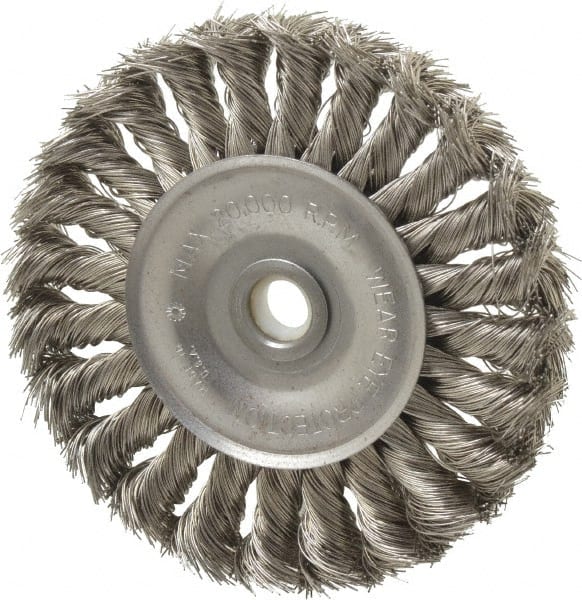 Anderson - 4" OD, 1/2" Arbor Hole, Knotted Stainless Steel Wheel Brush - 1/2" Face Width, 1" Trim Length, 0.014" Filament Diam, 20,000 RPM - Exact Tooling