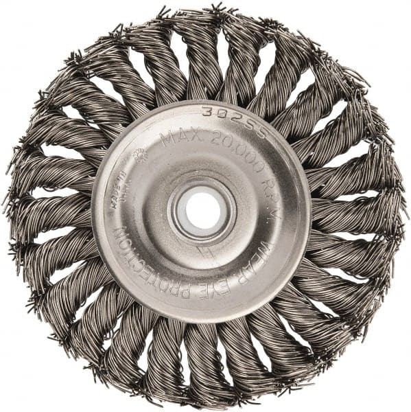 Anderson - 4" OD, 1/2" Arbor Hole, Knotted Stainless Steel Wheel Brush - 1/2" Face Width, 1" Trim Length, 0.02" Filament Diam, 20,000 RPM - Exact Tooling