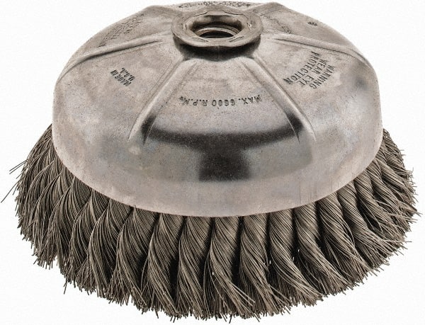 Anderson - 6" Diam, 5/8-11 Threaded Arbor, Stainless Steel Fill Cup Brush - 0.014 Wire Diam, 1-3/8" Trim Length, 6,600 Max RPM - Exact Tooling