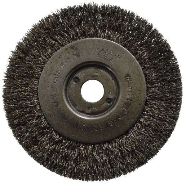 Anderson - 4" OD, 1/2" Arbor Hole, Crimped Stainless Steel Wheel Brush - 11/32" Face Width, 13/16" Trim Length, 0.0104" Filament Diam, 6,000 RPM - Exact Tooling
