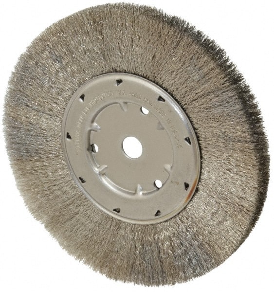 Anderson - 8" OD, 5/8" Arbor Hole, Crimped Stainless Steel Wheel Brush - 1/2" Face Width, 1-13/16" Trim Length, 0.006" Filament Diam, 4,500 RPM - Exact Tooling