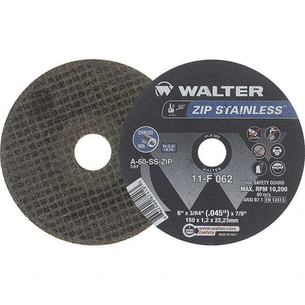 WALTER Surface Technologies - 6" Aluminum Oxide Cutoff Wheel - 3/64" Thick, 7/8" Arbor, 10,200 Max RPM, Use with Die Grinders - Exact Tooling