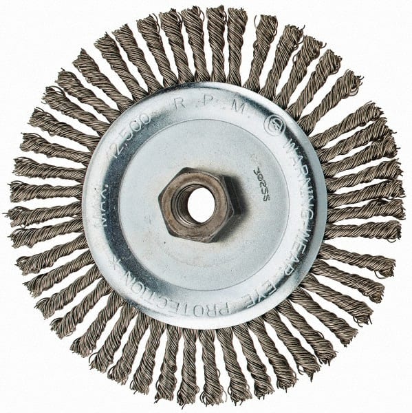 Anderson - 6" OD, 5/8-11 Arbor Hole, Knotted Stainless Steel Wheel Brush - 3/16" Face Width, 1-1/8" Trim Length, 0.02" Filament Diam, 12,500 RPM - Exact Tooling