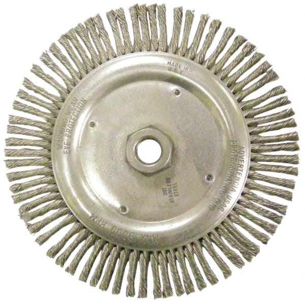 Anderson - 6-7/8" OD, 5/8-11 Arbor Hole, Knotted Stainless Steel Wheel Brush - 1/8" Face Width, 1-1/8" Trim Length, 0.02" Filament Diam, 9,000 RPM - Exact Tooling