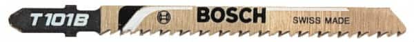 Bosch - 4" Long, 10 to 24 Teeth per Inch, High Speed Steel Jig Saw Blade - Toothed Edge, 0.34" Wide x 0.04" Thick, T-Shank, Ground Side Tooth Set - Exact Tooling