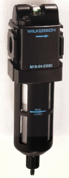 Wilkerson - 1/2" Port Coalescing Filter - Polycarbonate Bowl, Manual Drain, 150 Max psi, 0.01 Micron Rating, 9-1/4" Long x 2.9" Wide x 9-1/4" High - Exact Tooling