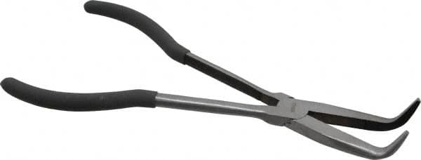 Value Collection - 11" OAL, 4" Jaw Length x 11/16" Jaw Width, Long Nose Pliers - Serrated Jaw, Angled Head, Plastic Dipped Handles - Exact Tooling