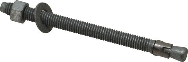 Made in USA - 3/8" Diam, 3/8" Drill, 5" OAL, 3-3/8" Min Embedment Wedge Expansion Concrete Anchor - Grade 5 Steel, Galvanized Finish, Hex Nut Head, Hex Drive, 4" Thread Length - Exact Tooling