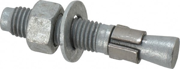 Made in USA - 3/4" Diam, 3/4" Drill, 4-1/4" OAL, 1-3/8" Min Embedment Wedge Expansion Concrete Anchor - Grade 5 Steel, Galvanized Finish, Hex Nut Head, Hex Drive, 2-3/8" Thread Length - Exact Tooling