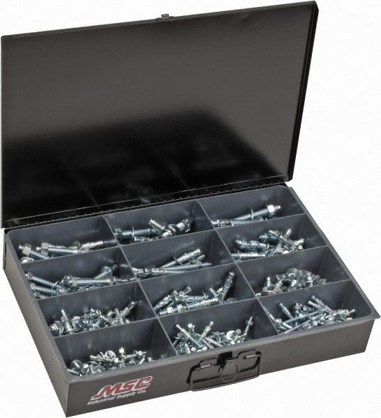 Value Collection - 290 Piece, 1/4 to 1/2" Screw, Steel Anchor Assortment - Zinc Plated, 1-3/4 to 5-1/2" Long - Exact Tooling