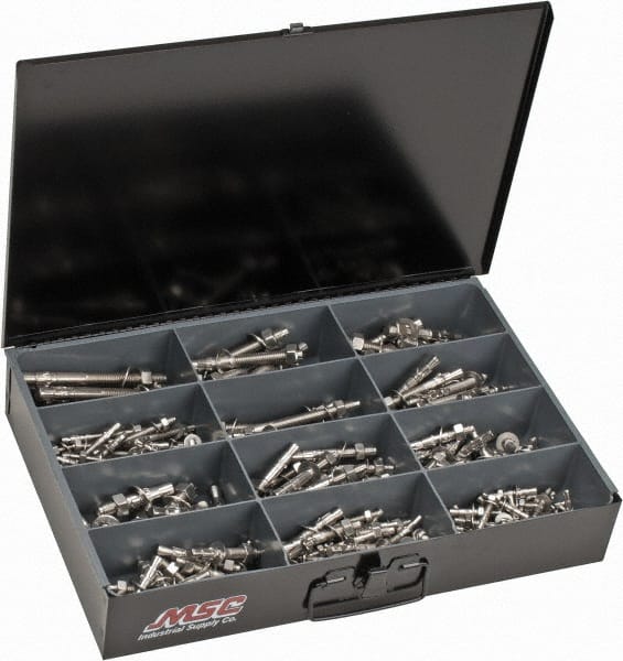 Value Collection - 290 Piece, 1/4 to 1/2" Screw, Stainless Steel Hex Drive Anchor Assortment - 1-3/4 to 5-1/2" Long - Exact Tooling