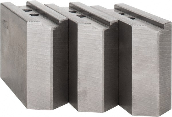 Abbott Workholding Products - 12" & Up Chuck Capacity, 1.5mm x 60° Serrated Attachment, Square Soft Lathe Chuck Jaw - 3 Jaws, Steel, 1.1811" Btw Mount Hole Ctrs, 5-1/2" Long x 2" Wide x 4" High, 0.8268" Groove, 0.6299" & 16mm Fastener - Exact Tooling