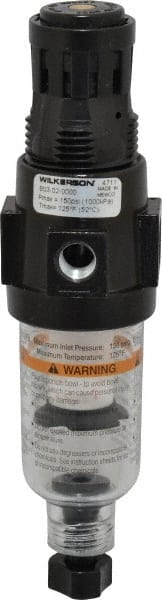 Wilkerson - 1/4" NPT Port Miniature 1 Piece Filter/Regulator FRL Unit - Polycarbonate Bowl, 18 SCFM, 150 Max psi, 6.21" High, Manual Drain - Exact Tooling