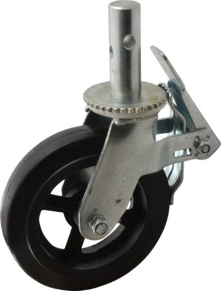Fairbanks - 9-1/2" Diam x 2" Wide, Rubber Molded on 70 Durometer Swivel with Brake Double Braking Lock Design Caster - 500 Lb Capacity, Round Scaffold Stem Mount, Roller Bearing - Exact Tooling
