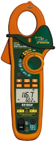 Extech - EX613, CAT III, Digital True RMS Auto Ranging Clamp Meter with 1-1/4" Clamp On Jaws - 600 VAC/VDC, 400 AC/DC Amps, Measures Voltage, Capacitance, Current, Frequency, Resistance - Exact Tooling