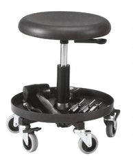 Bevco - 16 to 20-1/4" Hight Maintenance Repair Utility Stool with 16" Plastic Storage Tray - Polyurethane Seat, Black, Five 3" Rubber Wheel Casters - Exact Tooling